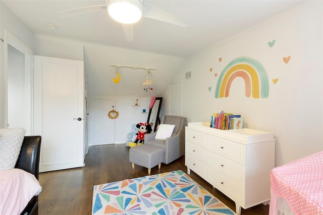 8 Sylvan Ln, Scarsdale, NY 10583 - bedroom featuring lofted ceiling, dark wood-style flooring, a ceiling fan, and rail lighting