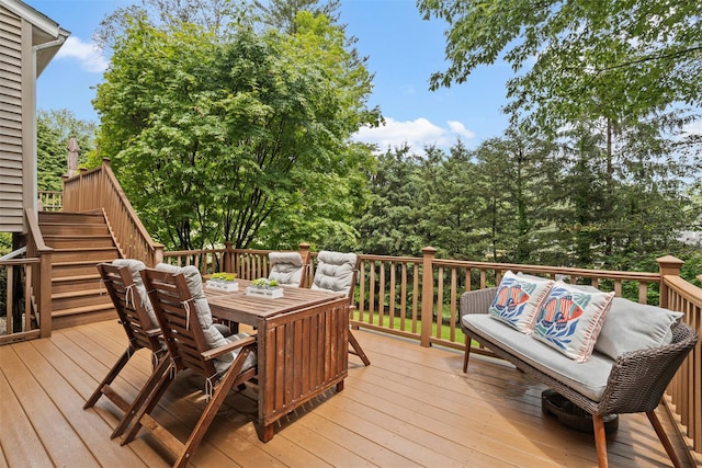 8 Sylvan Ln, Scarsdale, NY 10583 - wooden terrace with outdoor dining space and stairway