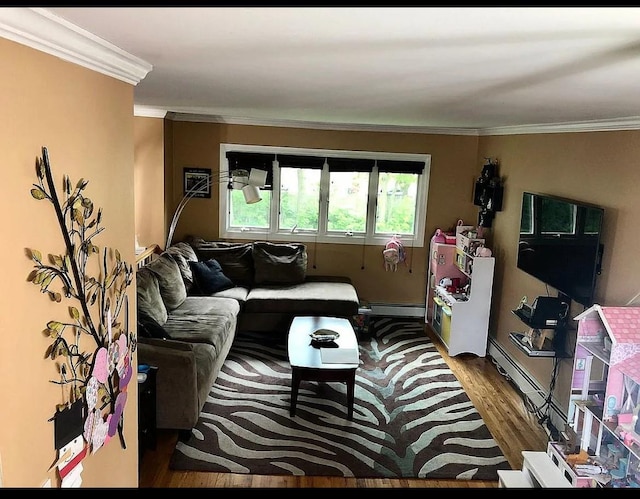 3 Malmac Ct, West Islip, NY 11795 - living area with wood finished floors, baseboard heating, and ornamental molding
