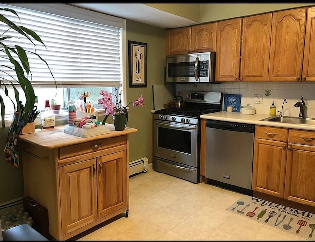3 Malmac Ct, West Islip, NY 11795 - kitchen featuring appliances with stainless steel finishes, brown cabinetry, light countertops, baseboard heating, and backsplash