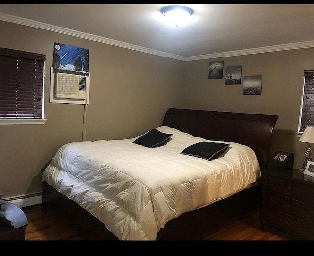 3 Malmac Ct, West Islip, NY 11795 - bedroom with a baseboard heating unit, wood finished floors, ornamental molding, and cooling unit