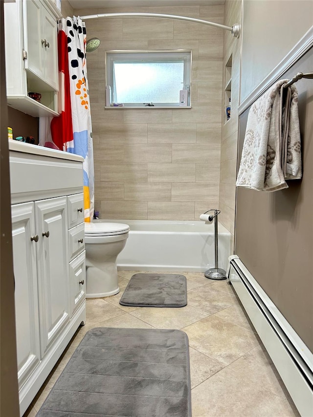3 Malmac Ct, West Islip, NY 11795 - bathroom with baseboard heating, shower / tub combo with curtain, tile patterned floors, and vanity