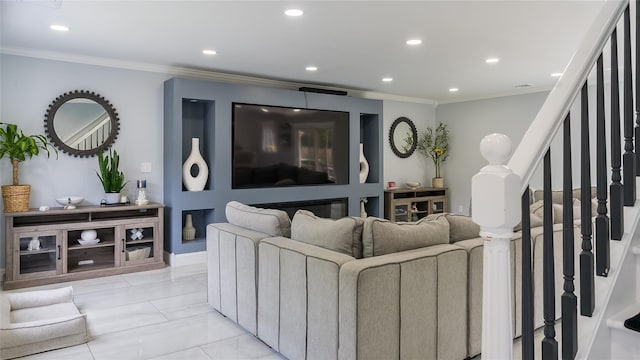 55 Charm City Dr, Port Jefferson Station, NY 11776 - living room featuring recessed lighting, ornamental molding, stairs, and light marble finish floors