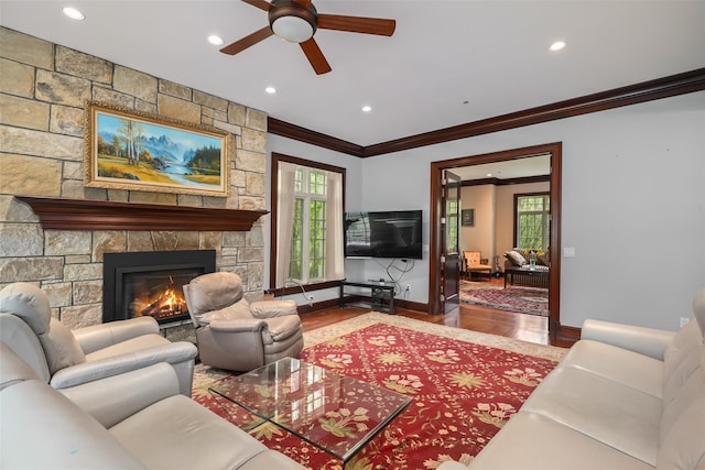 3747 Purchase St, Purchase, NY 10577 - living room with crown molding, healthy amount of natural light, a ceiling fan, wood finished floors, and recessed lighting