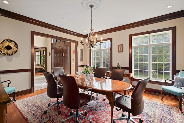 3747 Purchase St, Purchase, NY 10577 - dining space with light wood-style floors, ornamental molding, a chandelier, and recessed lighting
