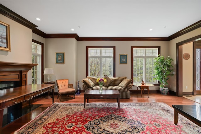 3747 Purchase St, Purchase, NY 10577 - living area featuring ornamental molding, wood finished floors, and recessed lighting
