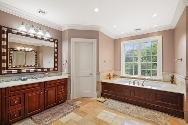 3747 Purchase St, Purchase, NY 10577 - full bathroom with vanity, a garden tub, recessed lighting, wainscoting, and ornamental molding