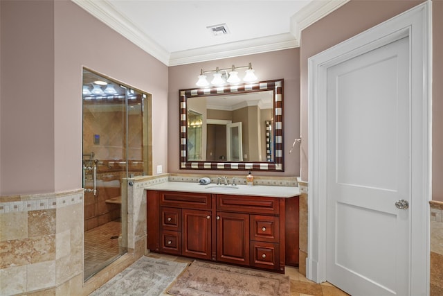 3747 Purchase St, Purchase, NY 10577 - bathroom featuring crown molding, vanity, a shower stall, and tile patterned flooring