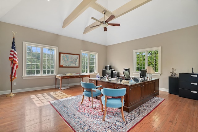 3747 Purchase St, Purchase, NY 10577 - office area with lofted ceiling, light wood-type flooring, and a ceiling fan