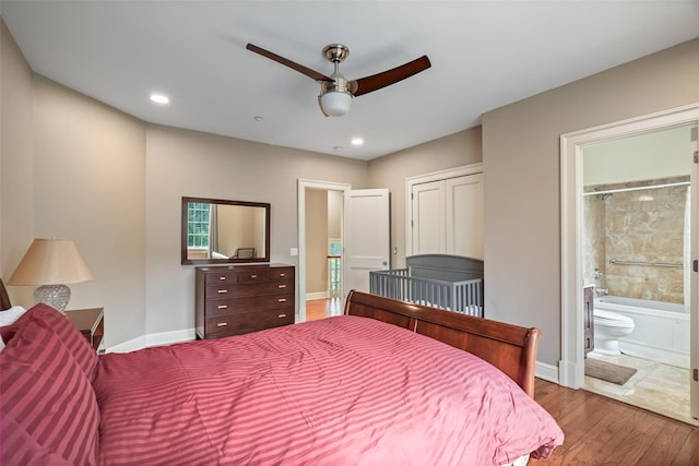 3747 Purchase St, Purchase, NY 10577 - bedroom with wood finished floors, recessed lighting, ensuite bathroom, and ceiling fan
