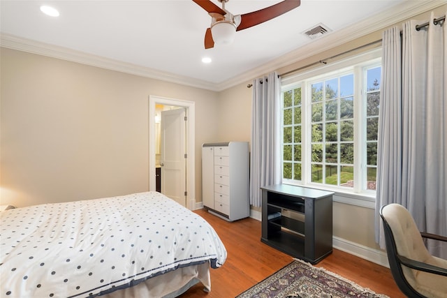3747 Purchase St, Purchase, NY 10577 - bedroom featuring ornamental molding, wood finished floors, ceiling fan, and recessed lighting