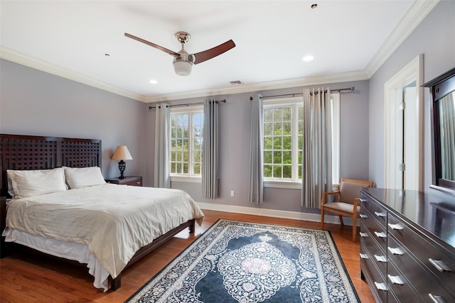 3747 Purchase St, Purchase, NY 10577 - bedroom featuring light wood finished floors, crown molding, recessed lighting, and ceiling fan
