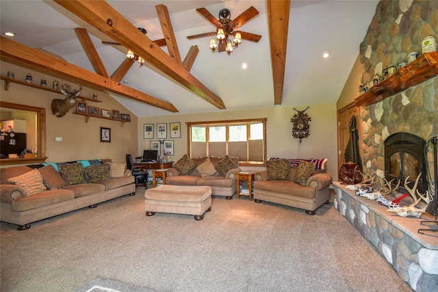 805 Canal Rd, Mount Sinai, NY 11766 - living area with carpet, beam ceiling, ceiling fan, high vaulted ceiling, and recessed lighting