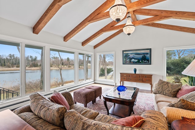 8 Pippin Ln, Lloyd Harbor, NY 11743 - living area featuring a water view, a chandelier, healthy amount of natural light, beam ceiling, and high vaulted ceiling