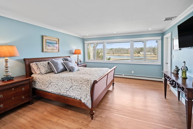8 Pippin Ln, Lloyd Harbor, NY 11743 - bedroom featuring a baseboard radiator, ornamental molding, light wood finished floors, and recessed lighting