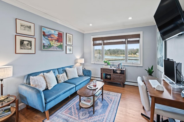 8 Pippin Ln, Lloyd Harbor, NY 11743 - living room with light wood-style floors, crown molding, recessed lighting, a desk, and a baseboard radiator