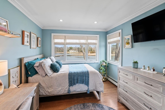 8 Pippin Ln, Lloyd Harbor, NY 11743 - bedroom with a baseboard radiator, crown molding, wood finished floors, and recessed lighting