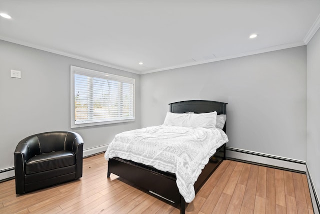 8 Pippin Ln, Lloyd Harbor, NY 11743 - bedroom with ornamental molding, a baseboard radiator, recessed lighting, and light wood-style floors