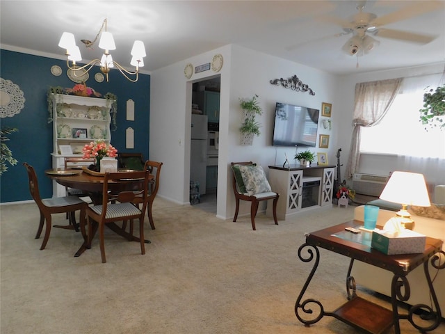 1879 Crompond Rd Unit # D15, Peekskill, NY 10566 - dining room featuring a chandelier, carpet, ceiling fan, and a wall unit AC