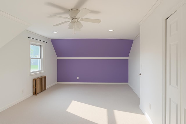 26 Sherman Rd, Farmingdale, NY 11735 - bonus room featuring ceiling fan, recessed lighting, lofted ceiling, carpet floors, and radiator heating unit