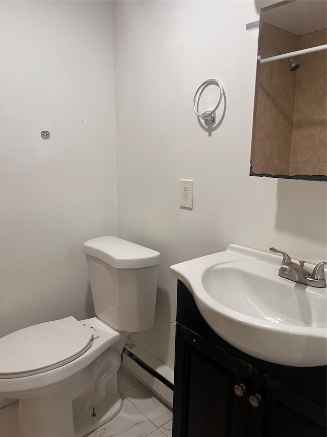 26 Sherman Rd, Farmingdale, NY 11735 - full bathroom with a baseboard radiator, vanity, marble look tiles, and a shower