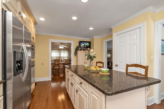1277 Jerusalem Ave, Merrick, NY 11566 - kitchen with appliances with stainless steel finishes, dark wood-style floors, ceiling fan, a kitchen island, and recessed lighting