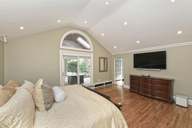 3223 214th St, Bayside, NY 11361 - bedroom featuring access to exterior, wood finished floors, lofted ceiling, a baseboard heating unit, and recessed lighting