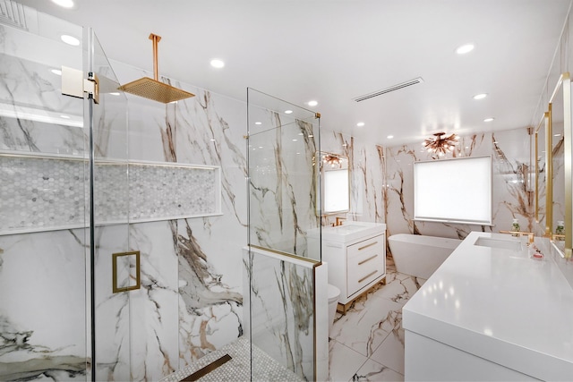 3223 214th St, Bayside, NY 11361 - full bathroom featuring marble tiled floors, a marble finish shower, vanity, recessed lighting, and a freestanding tub