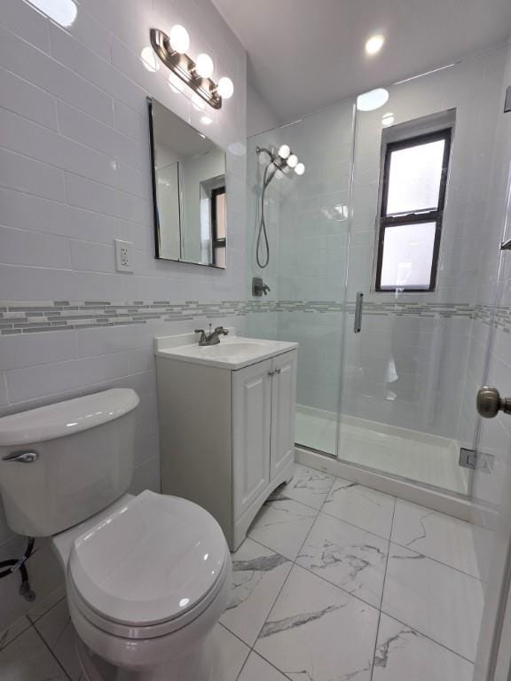 43-42 45th St Unit 4O, Sunnyside, NY 11104 - full bath with vanity, a stall shower, and marble look tiles
