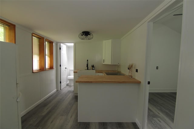 191 Sylvan Lake Rd Unit 1, Hopewell Junction, NY 12533 - kitchen with wooden counters, dark wood-style floors, black electric cooktop, white cabinets, and a peninsula
