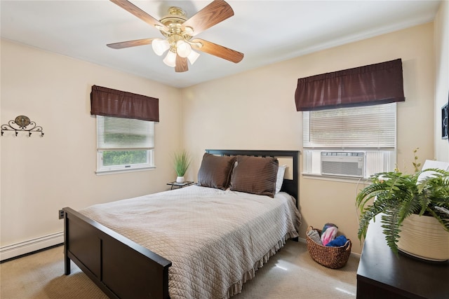 40 Dillmont Dr, Smithtown, NY 11787 - bedroom with light colored carpet, a baseboard radiator, cooling unit, and ceiling fan