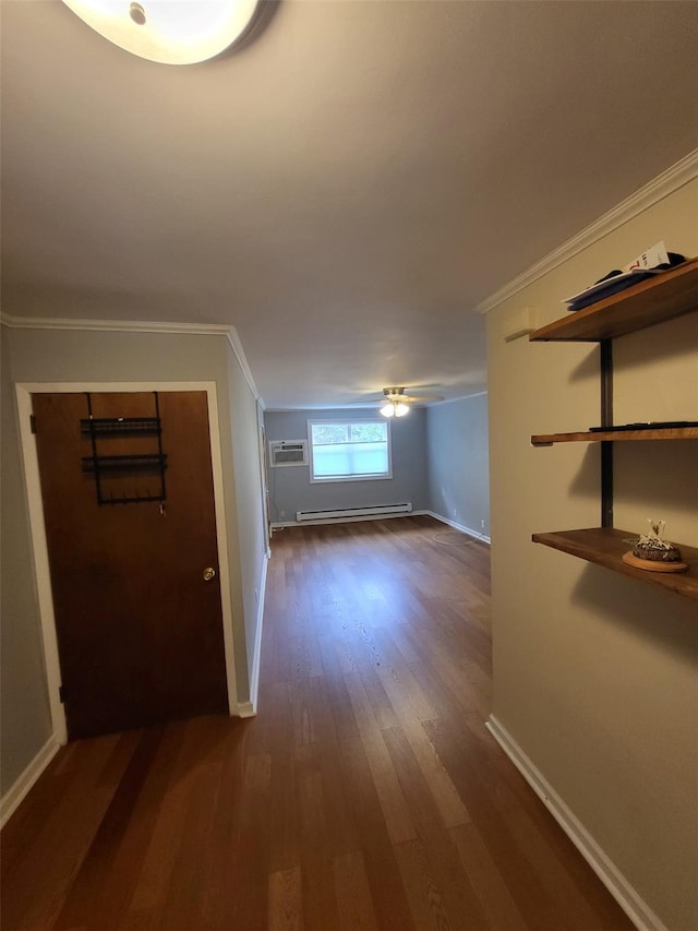 224-23 Kingsbury Ave Unit B, Oakland Gardens, NY 11364 - corridor featuring dark wood-style flooring, a baseboard heating unit, crown molding, and an AC wall unit