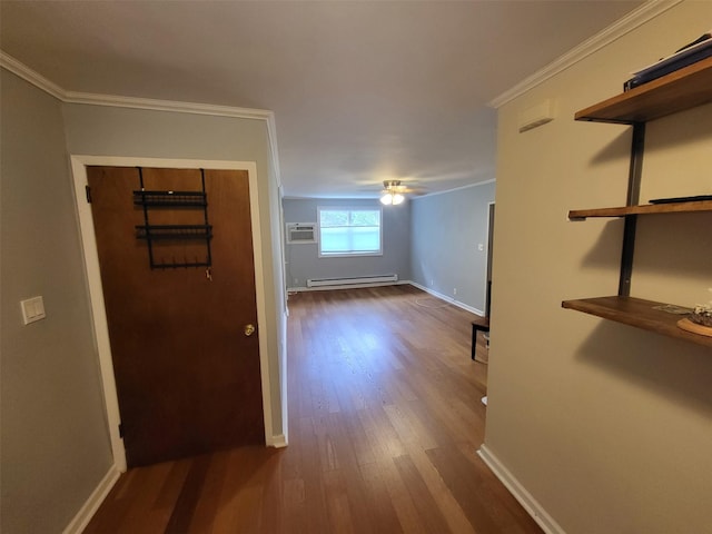224-23 Kingsbury Ave Unit B, Oakland Gardens, NY 11364 - hall with dark wood-style flooring, ornamental molding, a baseboard radiator, and a wall unit AC