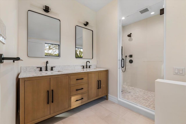 4 Haven Ln, Old Bethpage, NY 11804 - bathroom featuring a shower stall, double vanity, and tile patterned flooring
