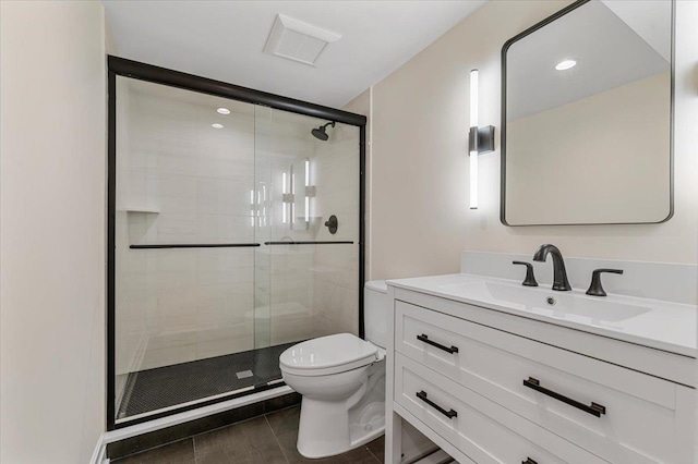 4 Haven Ln, Old Bethpage, NY 11804 - full bath featuring vanity, a stall shower, tile patterned flooring, and recessed lighting