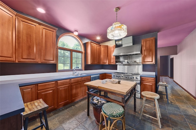 2706 Sound Ave, Calverton, NY 11933 - kitchen featuring extractor fan, stone tile floors, appliances with stainless steel finishes, recessed lighting, and hanging light fixtures