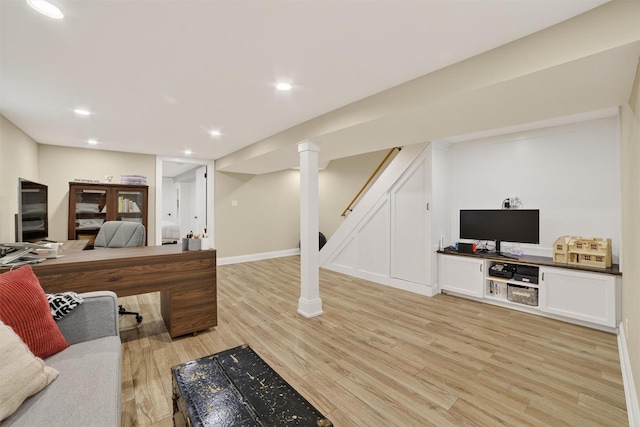 131 E 238th St, Bronx, NY 10470 - living room featuring light wood finished floors, stairway, and recessed lighting