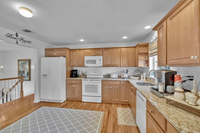 450 Mt Orange Rd, Middletown, NY 10940 - kitchen with white appliances, open shelves, light wood finished floors, light stone counters, and recessed lighting