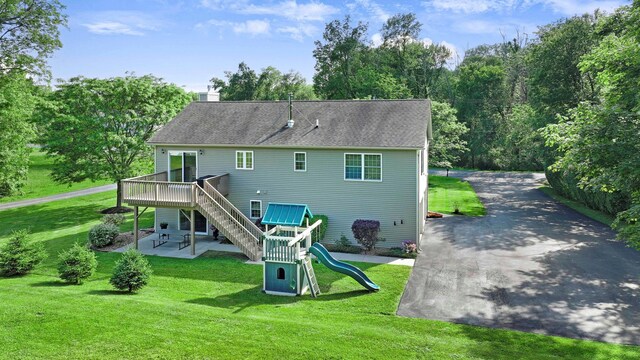 450 Mt Orange Rd, Middletown, NY 10940 - rear view of property with a lawn, a deck, a patio area, a chimney, and stairs