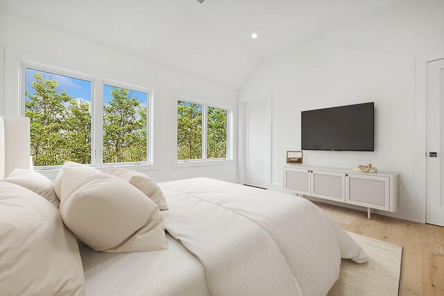 10 Broadwood Ct, Wainscott, NY 11975 - bedroom with multiple windows, light wood finished floors, vaulted ceiling, and recessed lighting