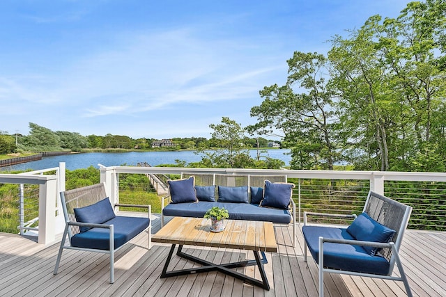 801 Montauk Hwy, Westhampton Beach, NY 11978 - wooden deck featuring an outdoor hangout area and a water view
