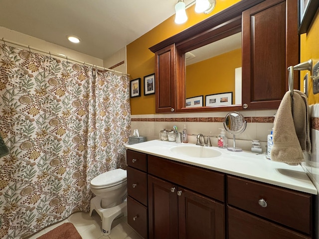20 Bayberry Rd, Ronkonkoma, NY 11779 - full bathroom featuring vanity, tile patterned floors, tile walls, a shower with curtain, and wainscoting