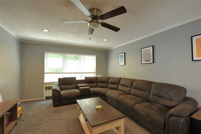 129-1 S Highland Ave Unit B6, Ossining, NY 10562 - living area featuring crown molding, radiator, light carpet, a ceiling fan, and recessed lighting