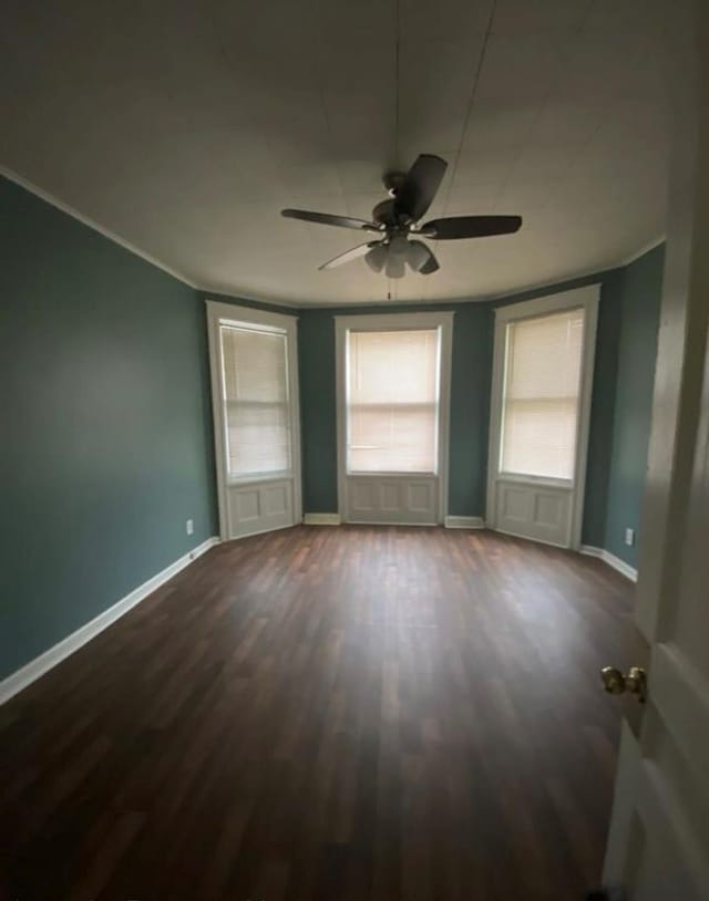 306 Church St, Poughkeepsie, NY 12601 - empty room featuring crown molding, dark wood finished floors, and ceiling fan