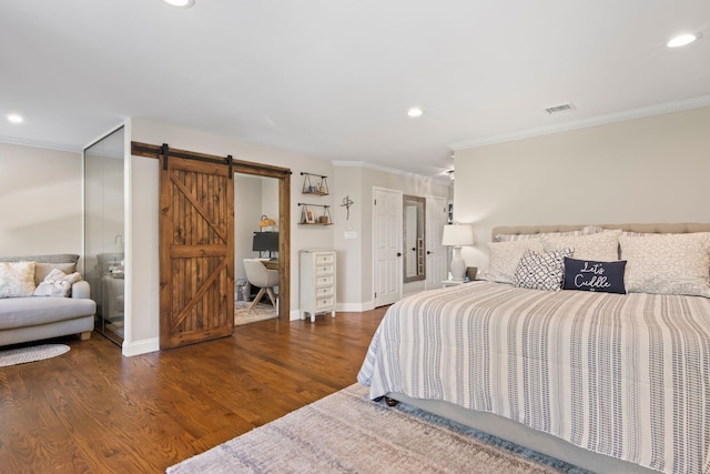 62 Hamlet Dr, Commack, NY 11725 - bedroom with ornamental molding, a barn door, wood finished floors, and recessed lighting