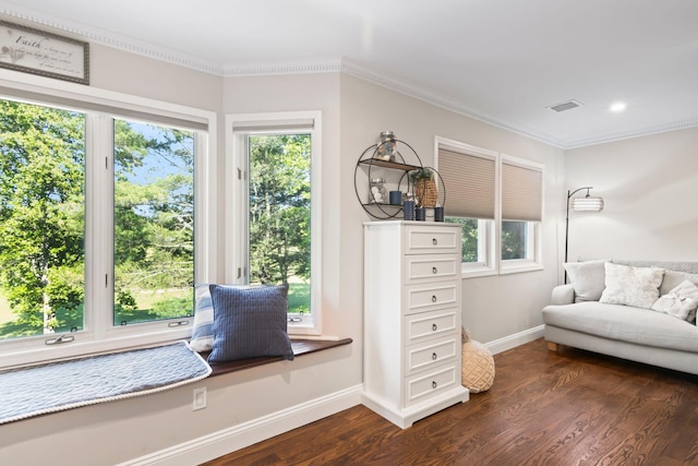 62 Hamlet Dr, Commack, NY 11725 - sitting room featuring ornamental molding and dark wood-style flooring