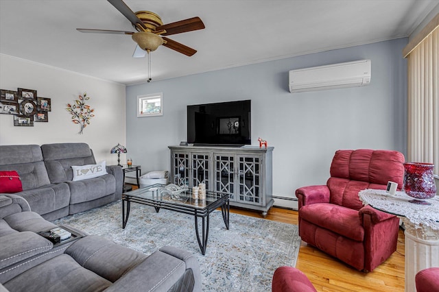 115 W Granada Ave, Lindenhurst, NY 11757 - living area with a wall mounted air conditioner, a ceiling fan, wood finished floors, a baseboard heating unit, and ornamental molding