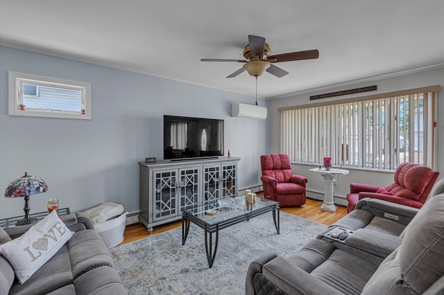 115 W Granada Ave, Lindenhurst, NY 11757 - living area with a wall mounted AC, baseboard heating, plenty of natural light, ceiling fan, and ornamental molding
