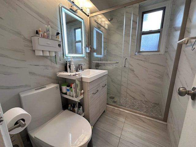 209-15 18th Ave Unit 2A, Bayside, NY 11360 - bathroom featuring marble look tiles, a marble finish shower, and vanity