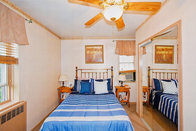 770 Bronx River Rd Unit A53, Bronxville, NY 10708 - bedroom featuring radiator, cooling unit, carpet floors, ceiling fan, and crown molding